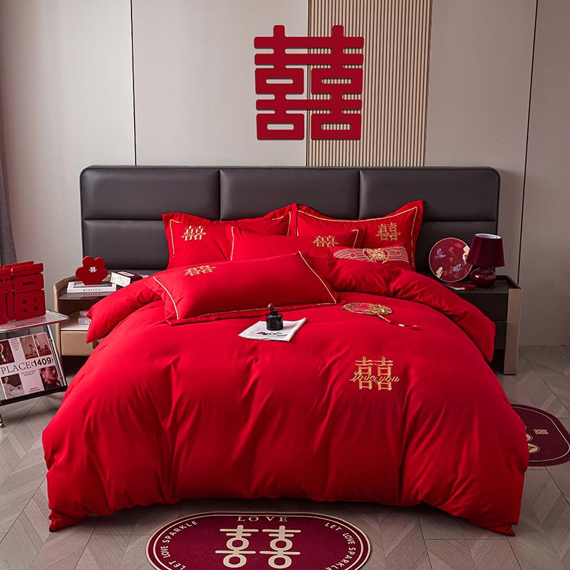 婚庆大红色四件套纯棉水洗棉结婚床上用品陪嫁喜庆高级感床单被套