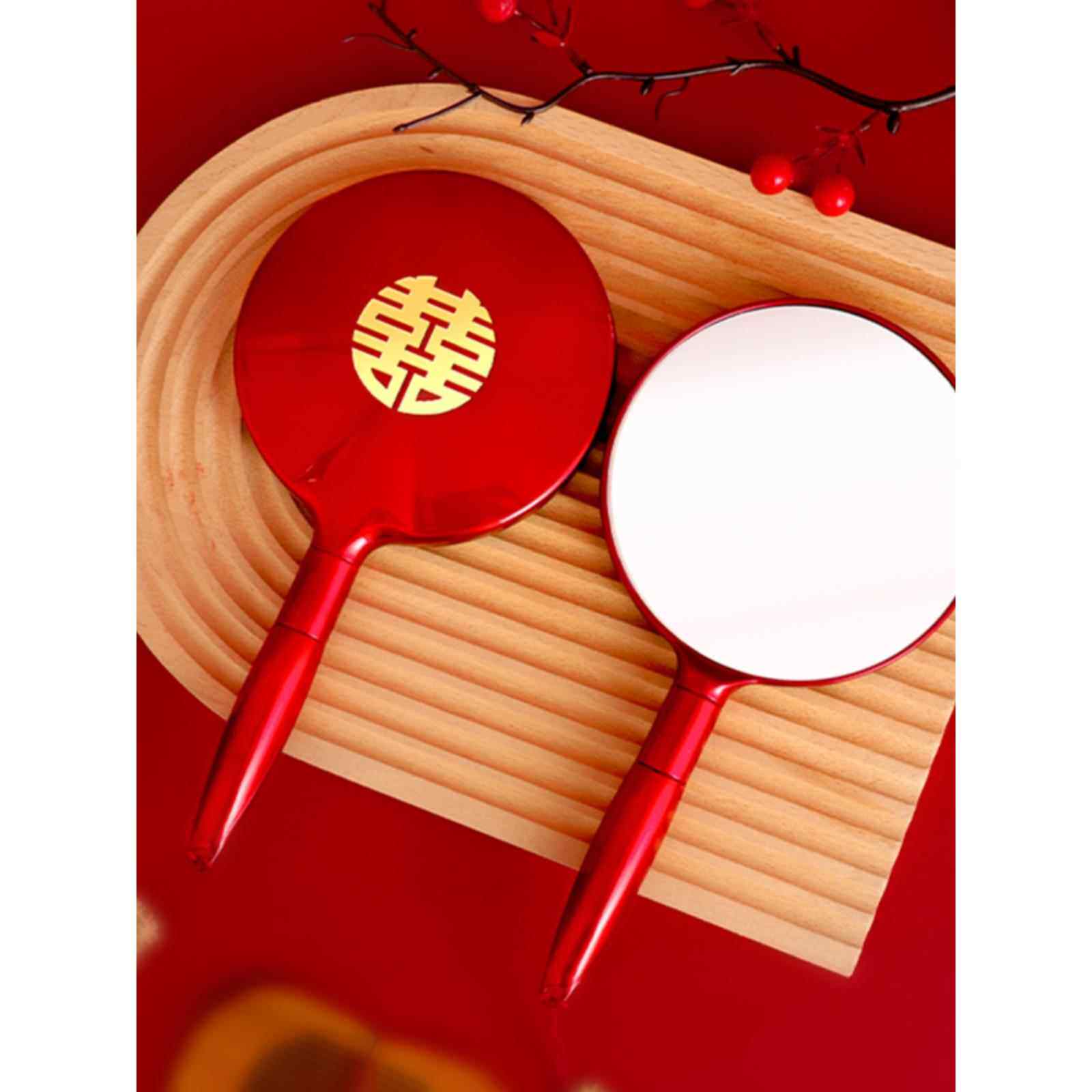 竹意家纺热销结婚备婚用品新娘女方陪嫁手持化妆镜子婚庆喜镜红色