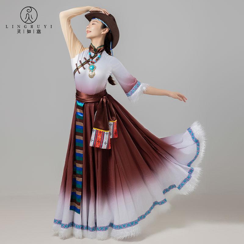 藏族舞蹈服民族舞蹈演出服藏族服装艺考练功大摆裙女半身裙新款