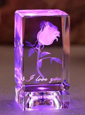 水晶玻璃礼物内雕玫瑰花摆件发光生日礼物送男女友情侣老婆圣诞节