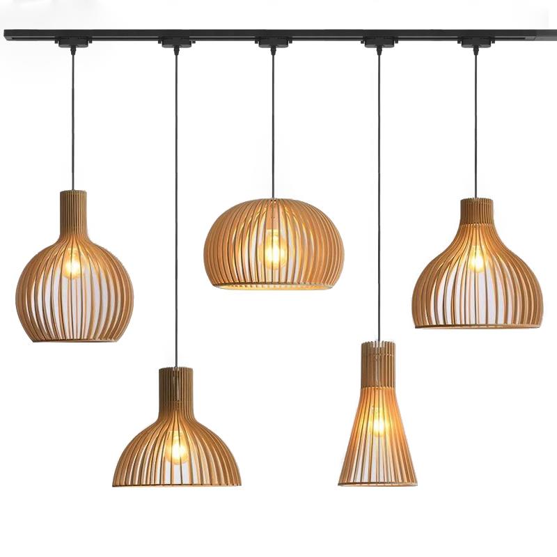 创意原木色床头吊灯北欧实木店铺餐厅吧台灯日式民宿极简轨道吊灯