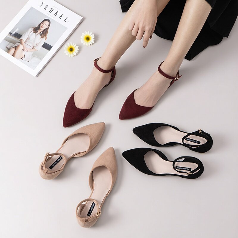 夏季简约风尖头平底鞋女一字扣浅口单鞋百搭气质低跟女鞋超细纤维