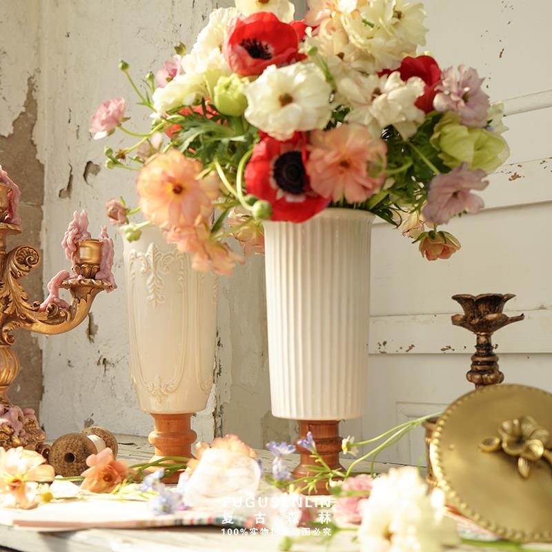 覆古森林简约实木高脚陶瓷浮雕花瓶干 干鲜插花水培花器家居装饰