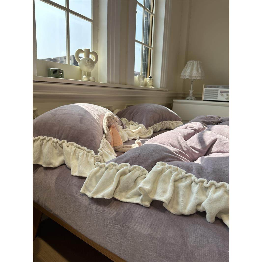 公主风复古牛奶绒香芋紫皱皱白花边四件套1.5m1.8秋冬加厚法兰绒