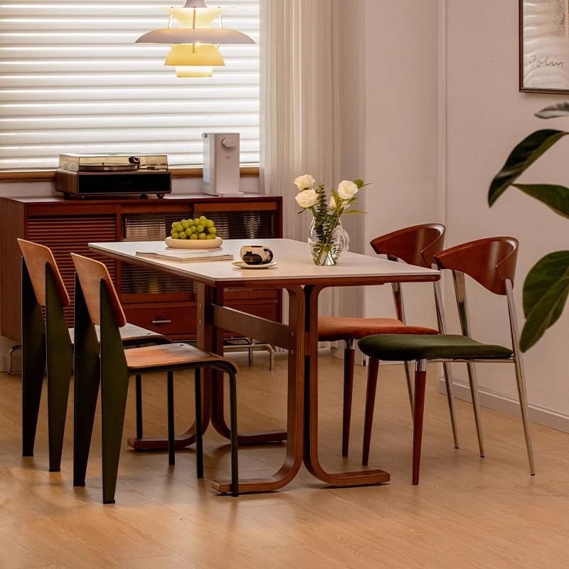 复古实木岩板餐桌小户型家用设计师中古桌子长方形餐桌椅组合饭桌