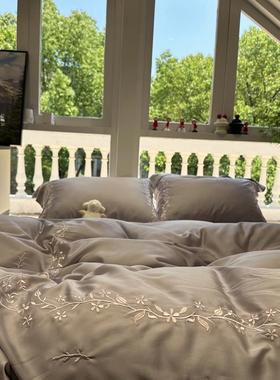 60s兰精天丝紫色小碎花刺绣夏季凉感四件套1.5m1.8米丝滑床单被套