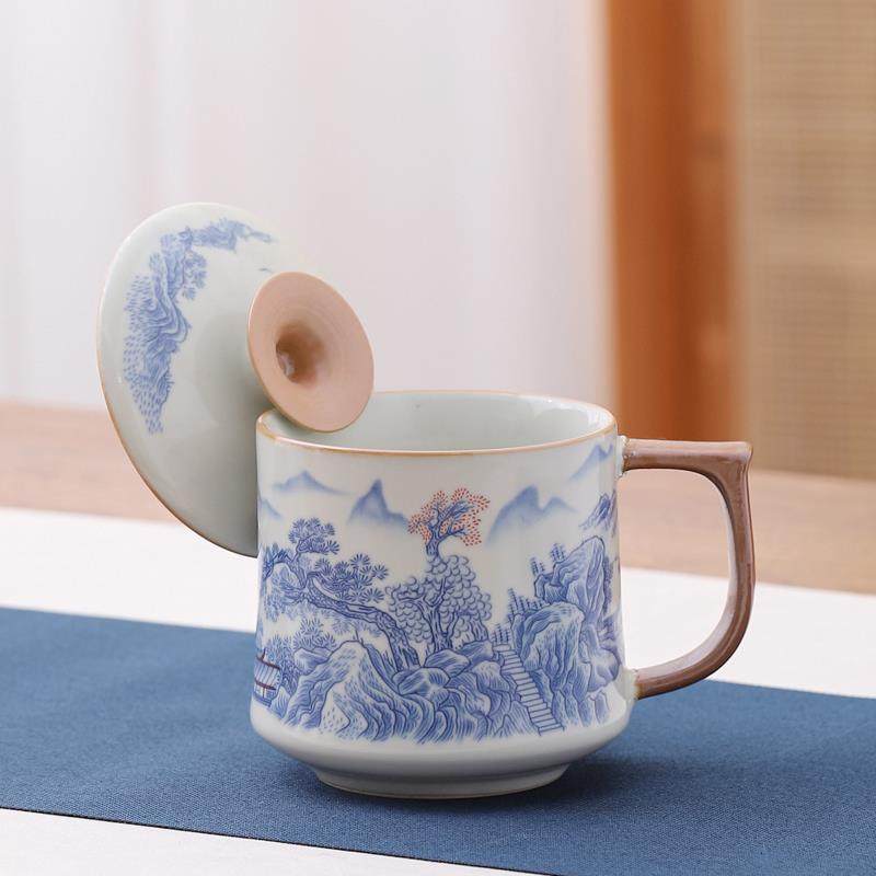 开片汝窑陶瓷茶杯带盖个人专用水杯大容量办公室泡茶杯子礼品定制