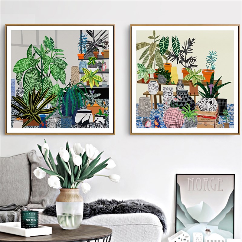 清新绿植物风装饰画客餐厅北欧咖啡甜品店挂画儿童房卧室小众插画图片