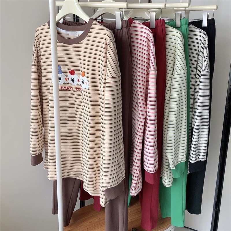 可爱狗狗条纹德绒加厚睡衣女秋冬长袖套装宽松休闲可外穿家居服