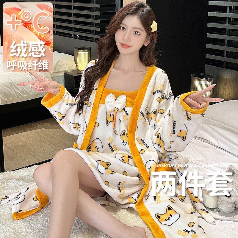 睡袍浴袍女款吊带睡衣秋冬季新款春秋法兰绒加厚保暖珊瑚绒中长款