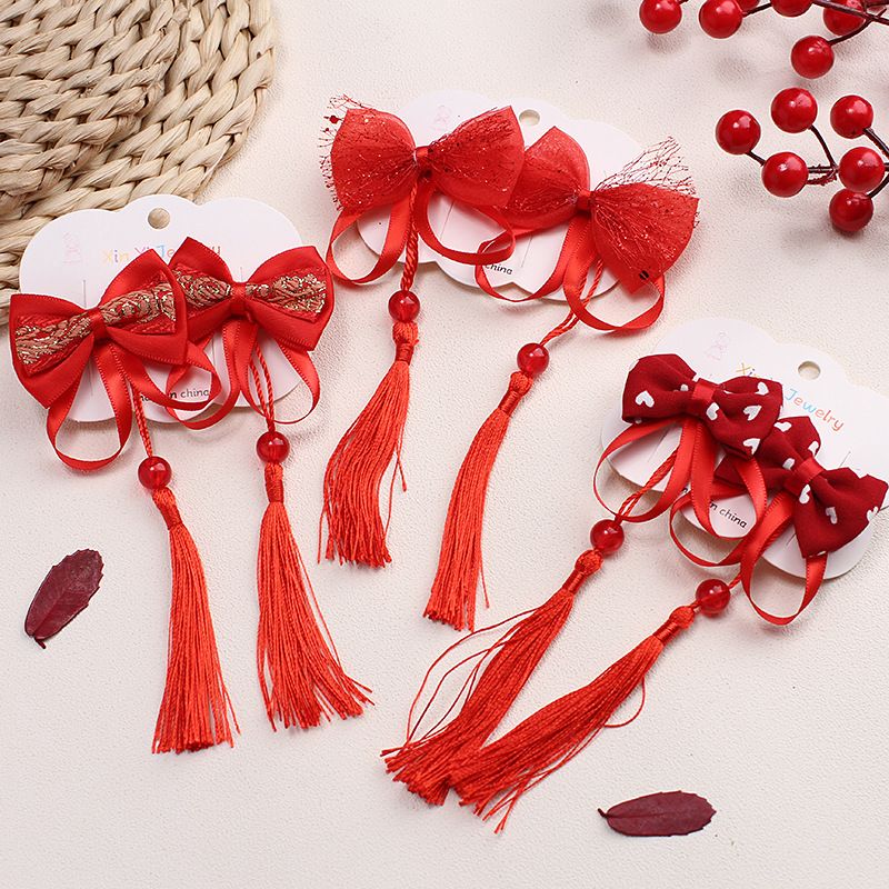 新年儿童流苏发夹中国风大红色发卡女童汉服边夹公主蝴蝶夹子发饰