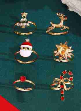 圣诞节饰品 可爱卡通麋鹿圣诞树戒指6件套滴油开口可调节指环手饰