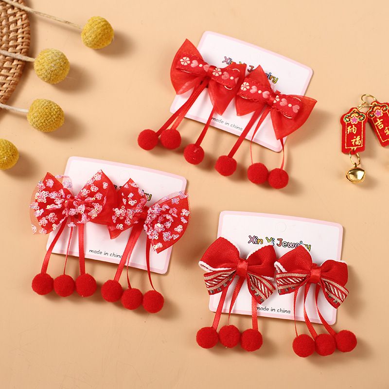 秋冬新款红色发夹汉服古风流苏发卡儿童蝴蝶结新年对夹中国风头饰