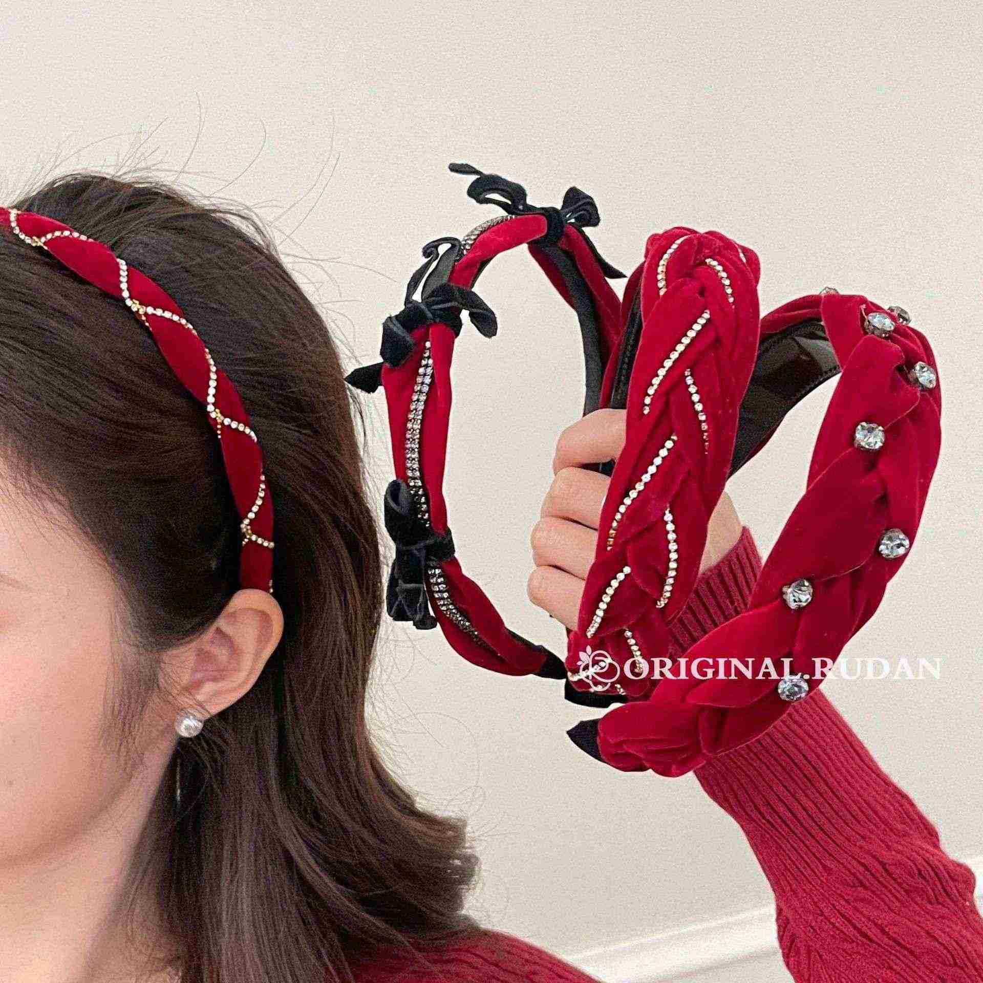 RUDAN新年头饰红色植绒新年头箍发饰女式复古高颅顶碎钻新年发箍