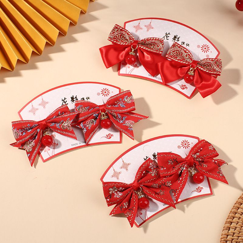 新年红色儿童发夹中国风蝴蝶结汉服发卡女童拜年流苏对夹古风发饰