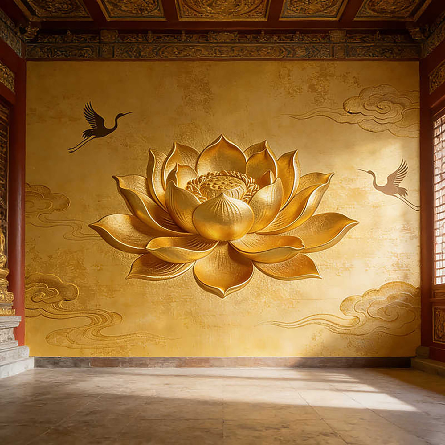 中式金色莲花佛堂供桌背景壁画