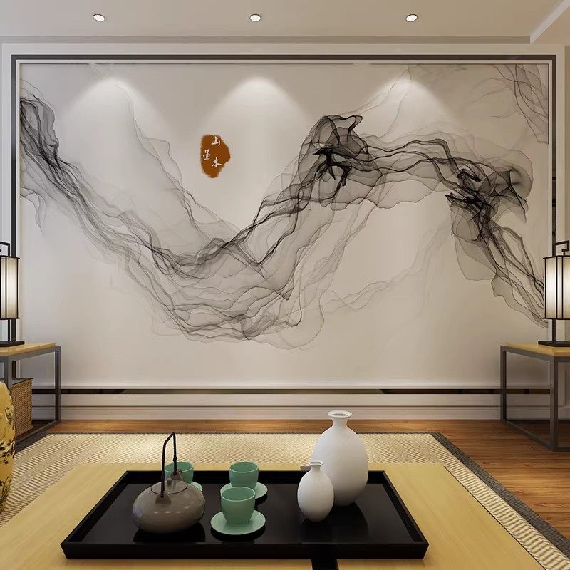 电视背景墙壁纸新中式抽象山水沙发餐厅影视墙纸壁布水墨意境壁画