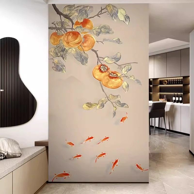 新中式柿子墙布简约壁布客厅入户玄关隔断背景墙壁纸现代墙纸暖色