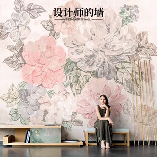 美式 手绘牡丹花朵壁纸网红客厅卧室电视背景墙壁布壁画无缝8D墙布