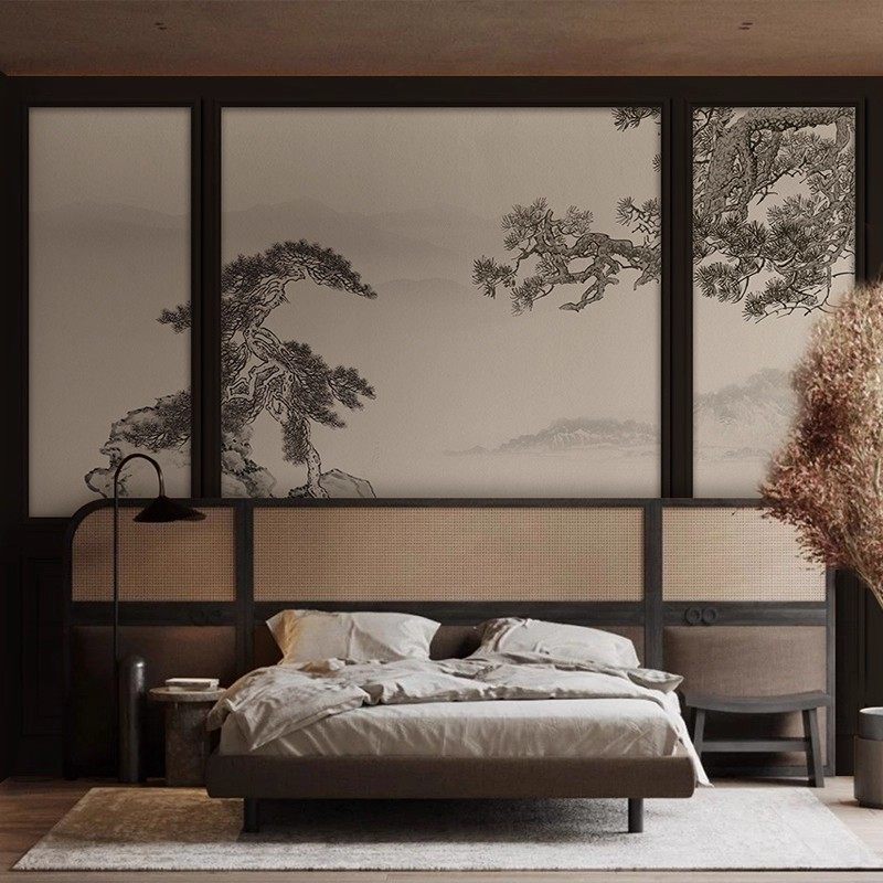 新中式山水床头壁画中古风法式石膏线背景墙纸酒店民宿房间3d壁纸,家装主材,定制壁画,淘宝优惠券,粉丝福利购,淘宝优惠卷