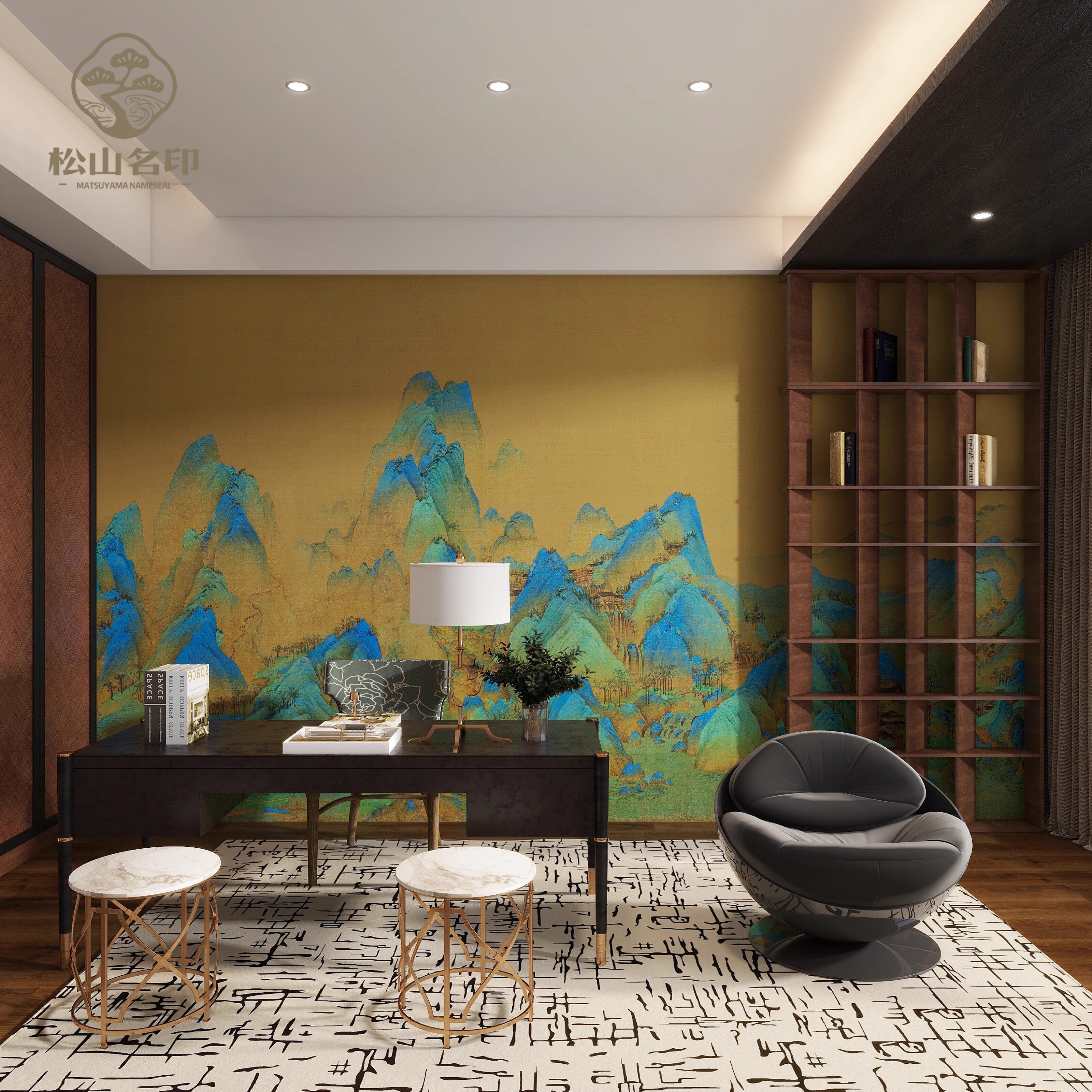 新中式意境千里江山图定制壁画沙发背景装饰壁布酒店民宿墙纸墙布