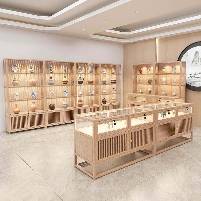 实木珠宝展示柜复古原木展柜玉器陈列柜玻璃中岛柜台中式吊柜壁柜
