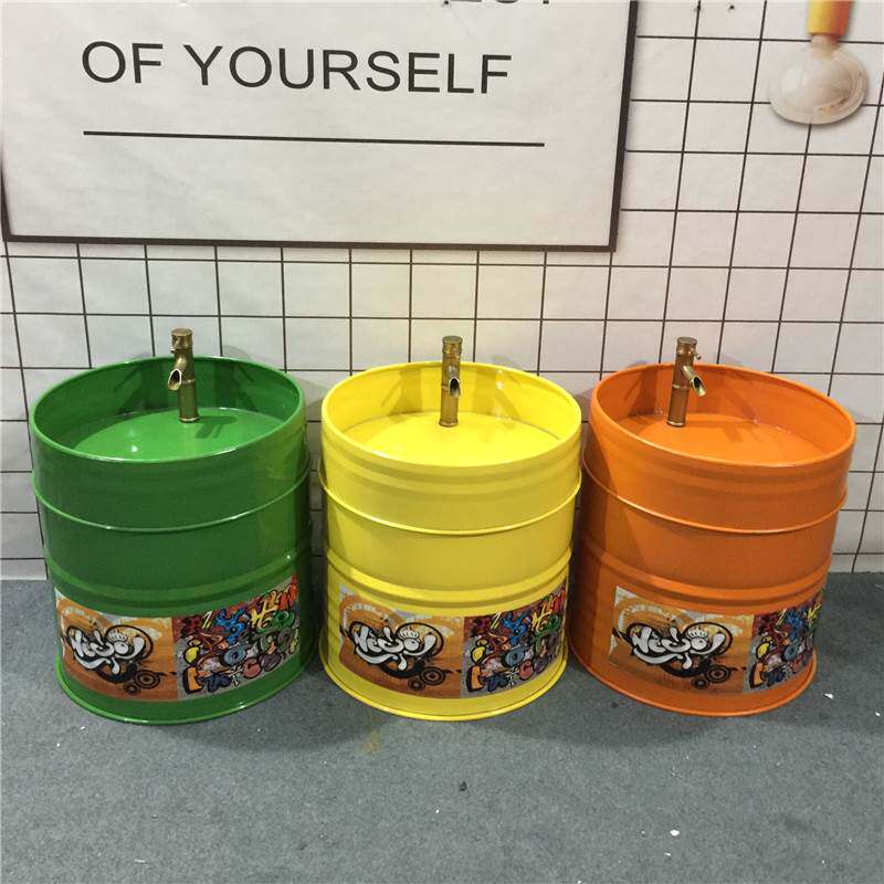 圆形油桶工业风洗手盆幼儿园洗手台铁艺洗脸盆卡通洗漱盆儿童台盆