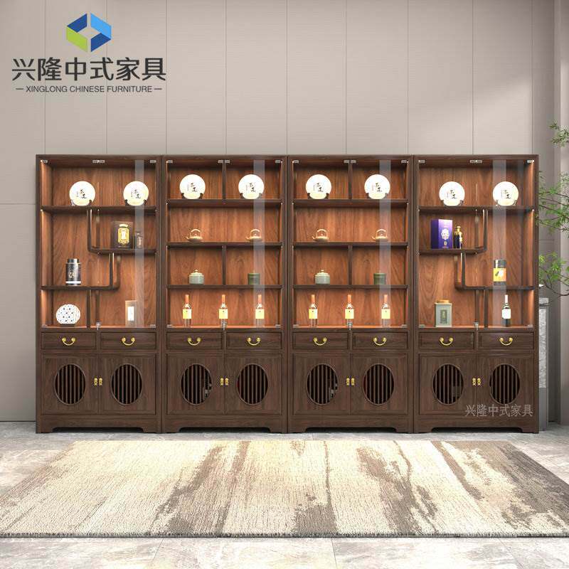 中式博古架酒柜玻璃柜带灯茶叶展示柜茶室置物架家用组合实木书柜图片