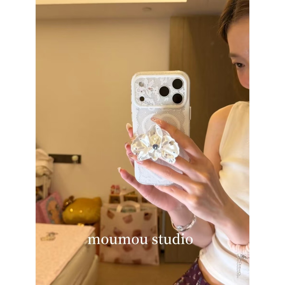 小众ins白色蕾丝蝴蝶结手机壳