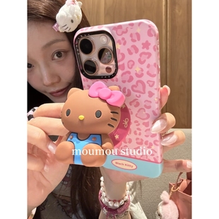 MOMOMOSTUDIOS可爱ins卡通粉豹纹棕皮KT磁吸支架适用iPhone16promax新款 15pro苹果手机壳14pro磨砂13防摔硬壳