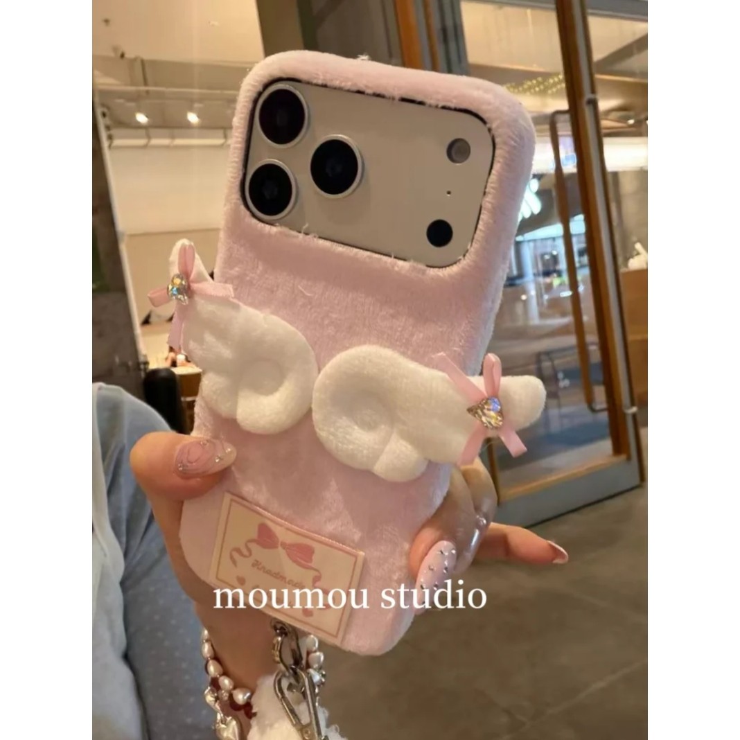 MOMOMOSTUDIOS韩系ins粉色毛绒带翅膀挂绳适用iPhone17promax新款16pro苹果手机壳15pro
