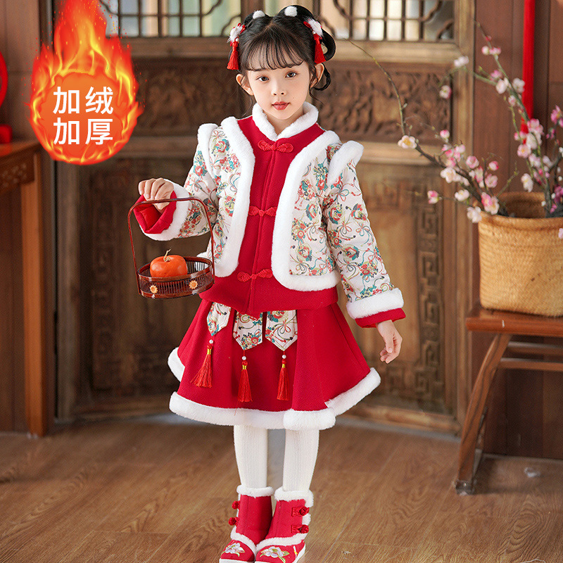 女童汉服拜年服儿童喜庆唐装女宝宝中国风古装过年服加绒加厚冬款