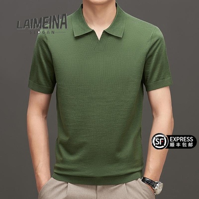 精纺100纯羊毛翻领短袖T恤男士春秋季纯色休闲半袖薄款针织打底衫