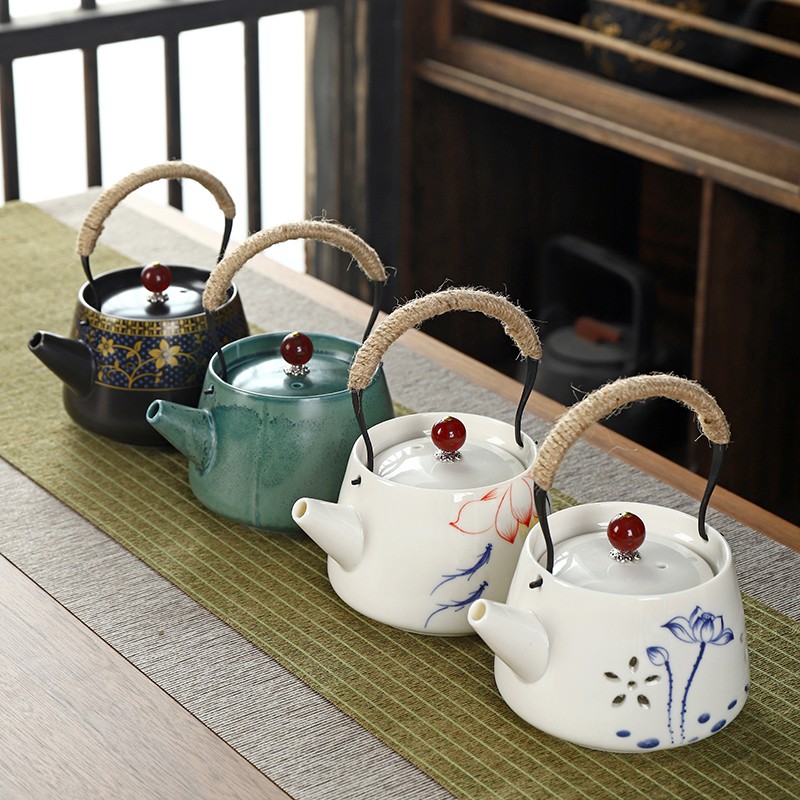 陶瓷茶具提梁壶大号带过滤网古香防烫绑绳手绘戏荷泡茶壶茶碗茶杯
