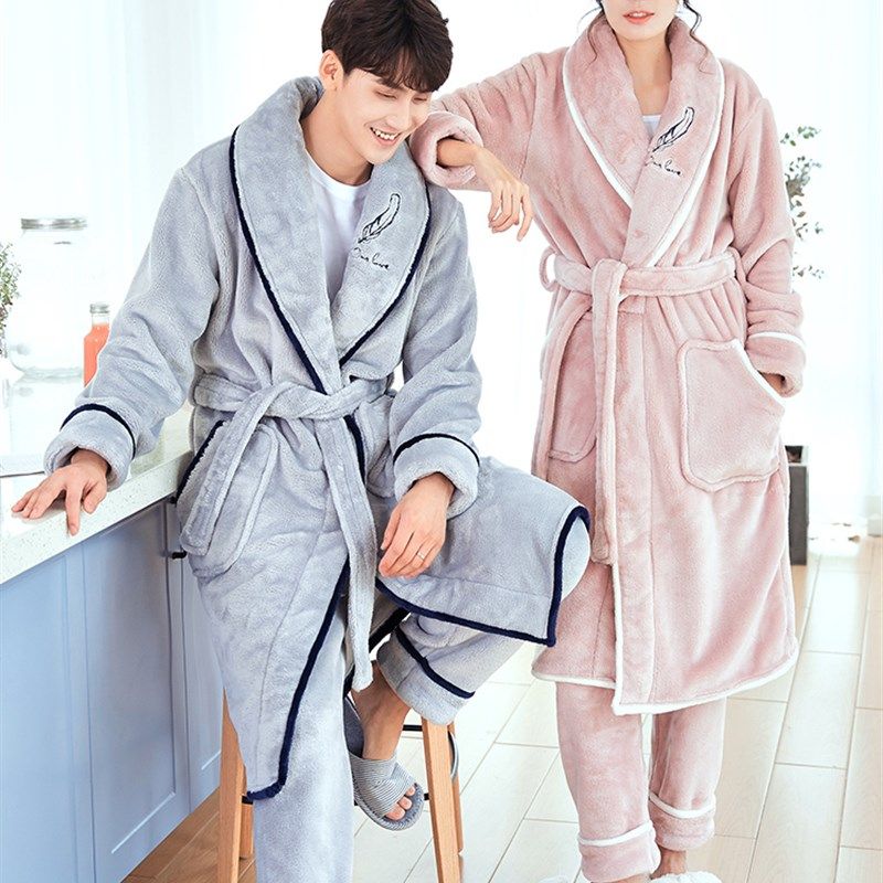 睡衣女秋冬长款珊瑚绒裤子冬春秋情侣睡袍加厚加绒男冬季套装浴袍