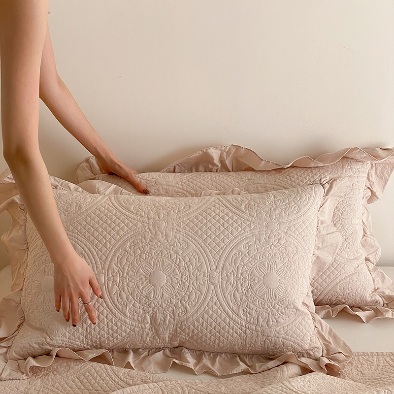 高级感韩式荷叶边全棉枕套74*48cm夹棉绗缝纯棉枕皮枕头套一对装