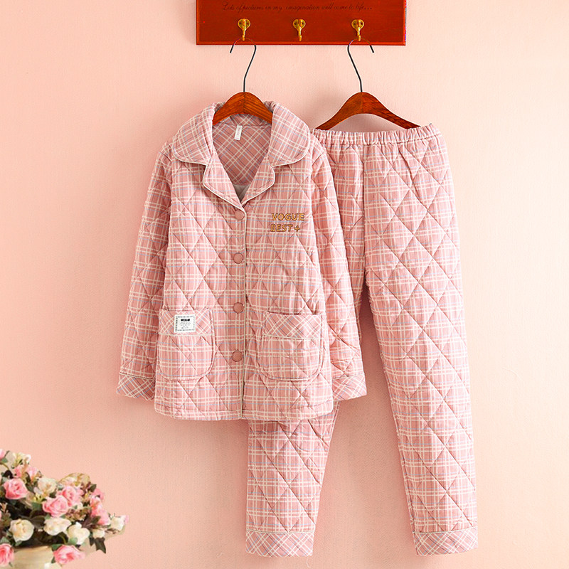 新品薄棉睡衣女秋冬季全棉格子可睡衣/家居服套装