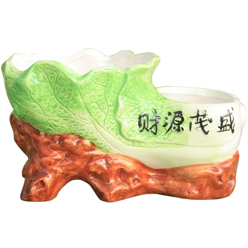 双口连体陶瓷花盆室内发财树盆栽盆景个性复古大白菜造型多孔花盆