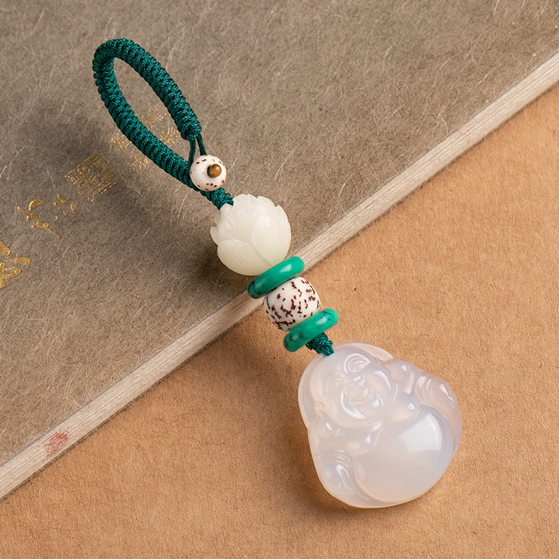 玛瑙玉石玉髓弥勒佛吊坠汽车钥匙扣挂件手工编织挂绳高档精致饰品