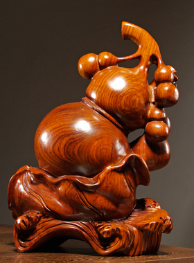 花梨木雕刻福禄有鱼葫芦摆件实木质家居客厅博古架办公装饰工艺品