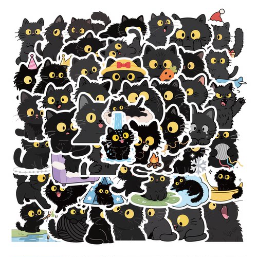 50张PET可爱卡通大眼黑猫贴纸