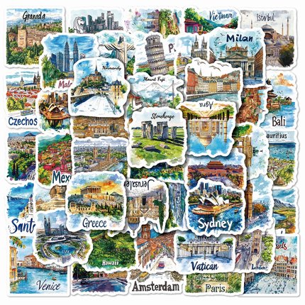 50张高清手绘世界旅游地图地标打卡点贴纸diy手机电脑笔记本充电宝桌面墙面行李箱收纳柜ipad装饰文具贴纸