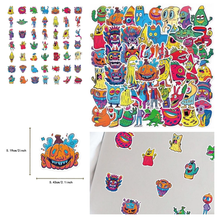 50张可爱卡通恐怖小怪兽涂鸦防水贴纸diy手机壳笔记本电脑行李箱ipad手账素材文具贴画环保无异味图案不重复