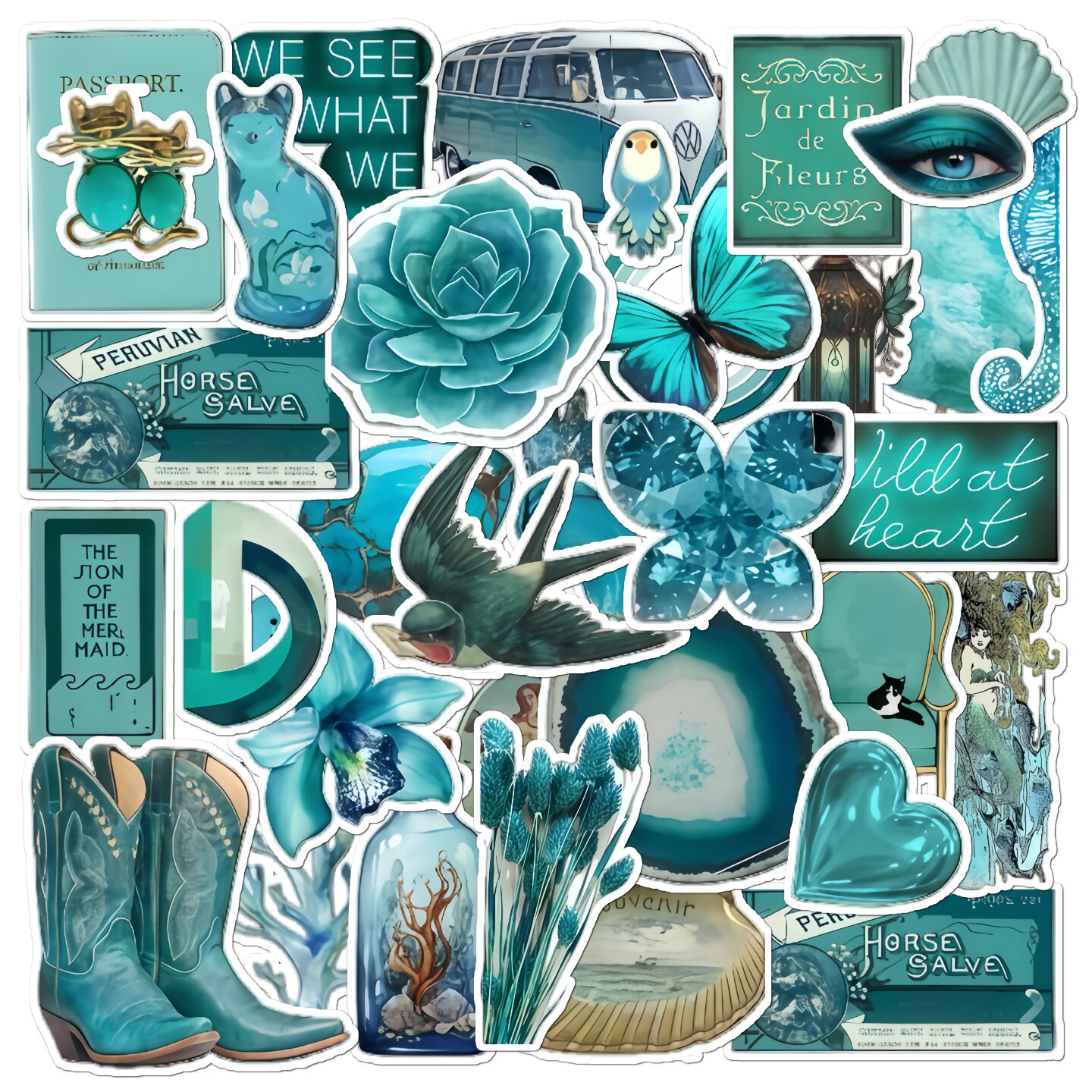 40张蓝色系ins风手账素材贴纸小清新装饰贴画diy手机壳笔记本电脑行李箱桌面遮丑图案不重复防水包邮工厂直发