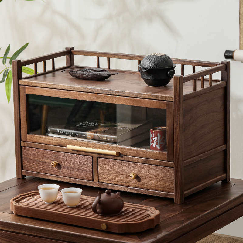 胡桃木桌面收纳柜双抽屉实木博古架防尘新中式摆件茶壶茶具置物架