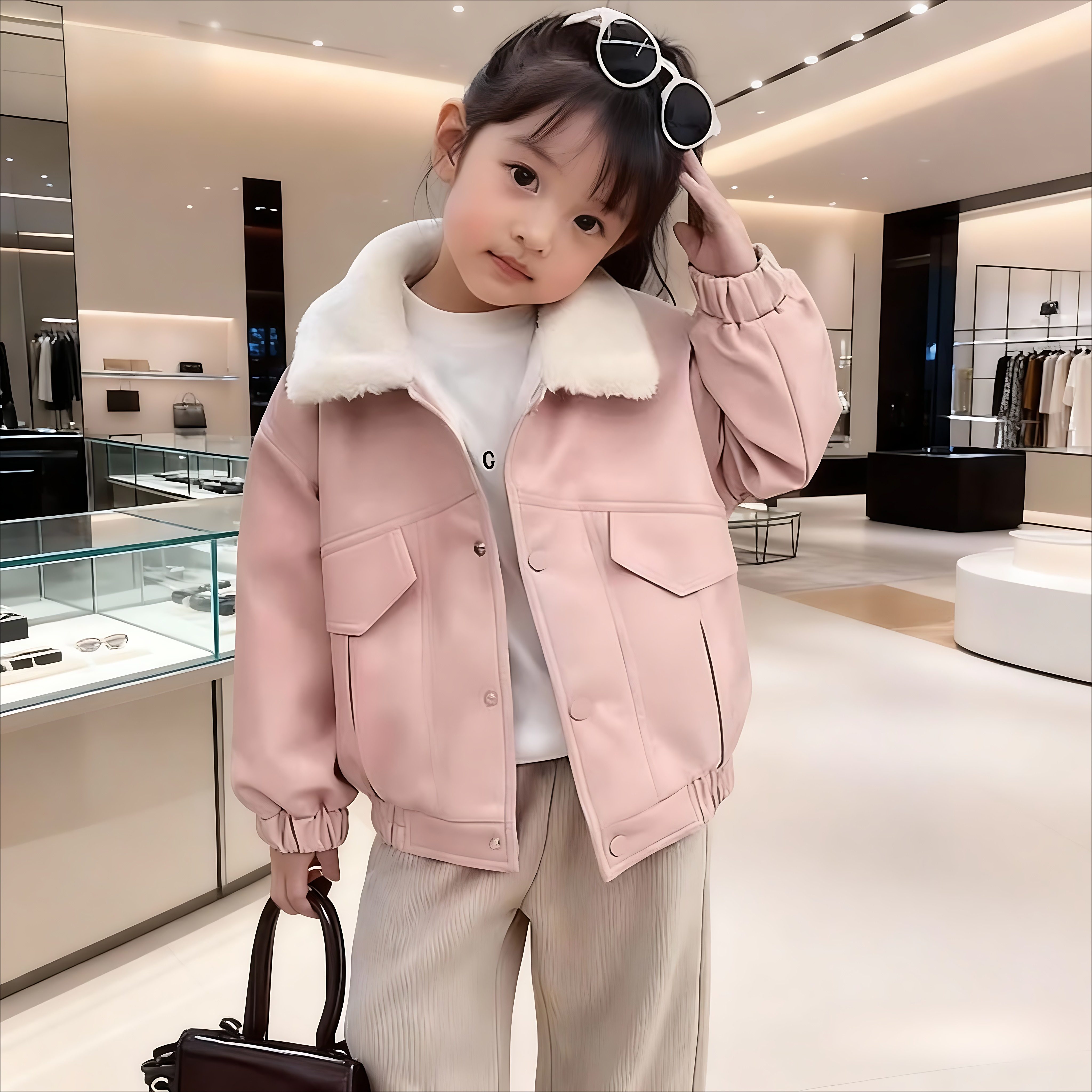 女童加绒皮衣外套秋冬款2025新款