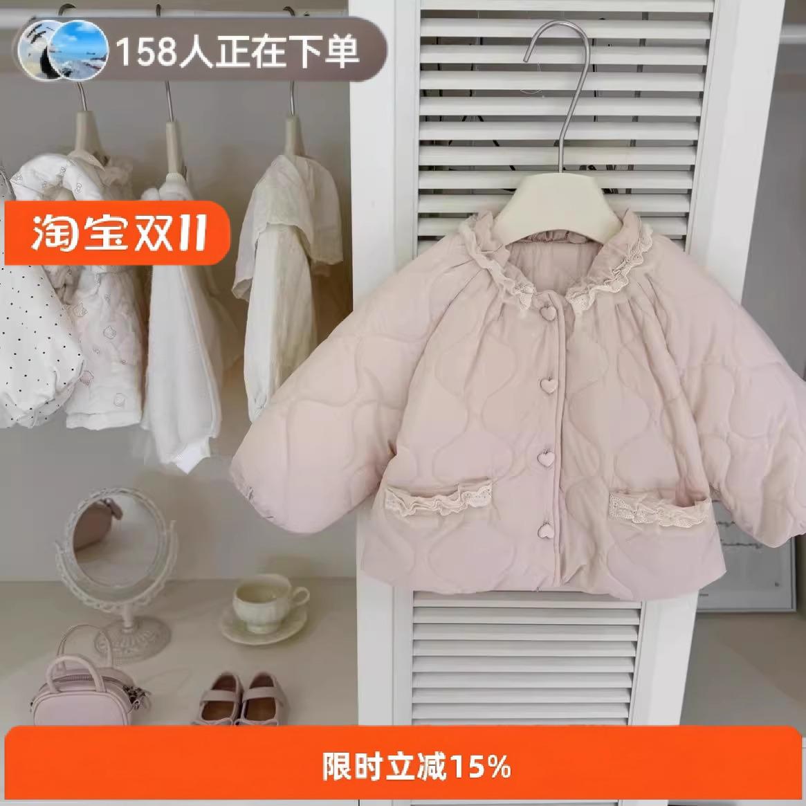 原创设计秋冬装女童粉色加绒棉服时髦韩版宝宝保暖外套