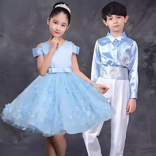 儿童小学生合唱服装男女童朗诵口才演讲比赛演出服蓝色主持人礼服