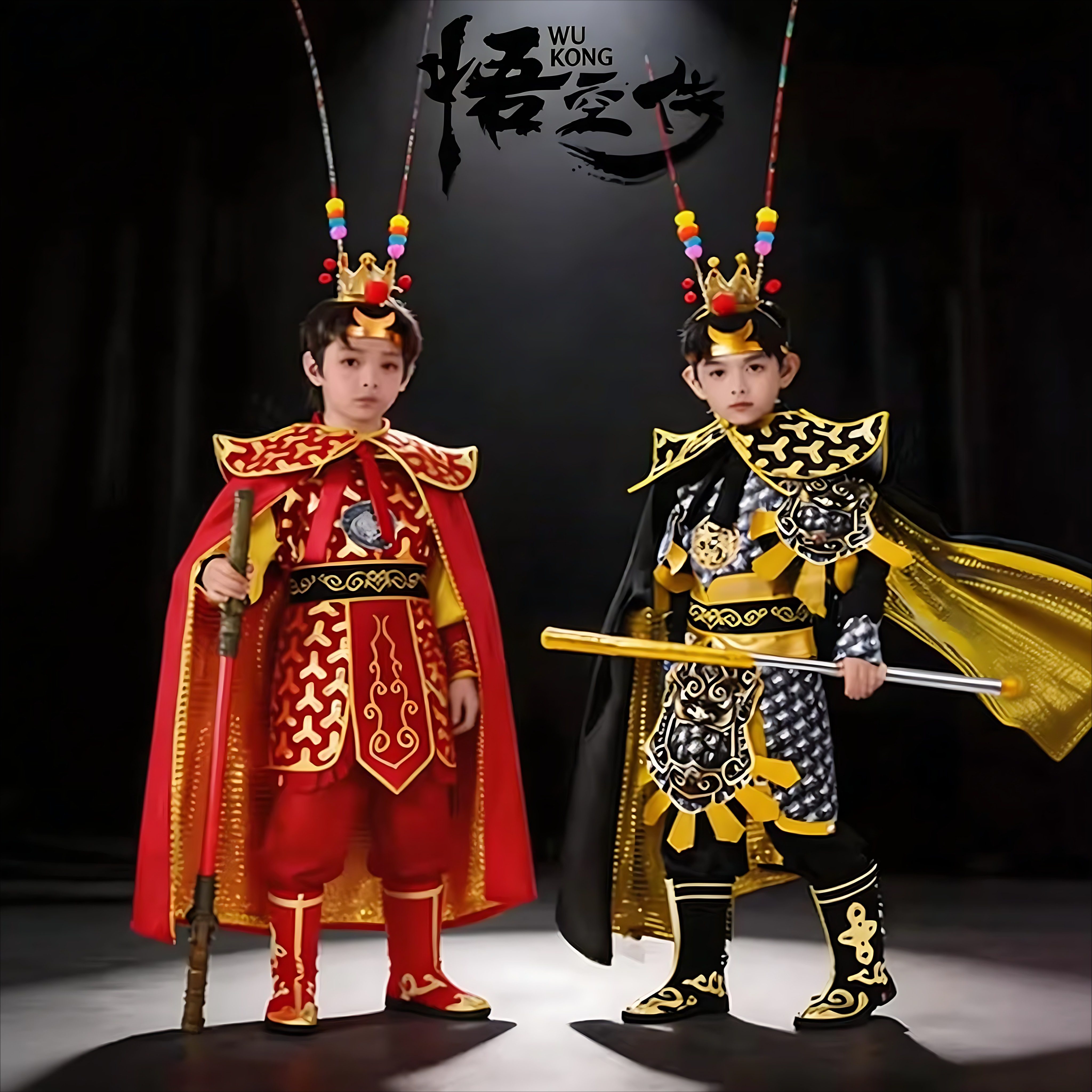 孙悟空儿童话剧表演齐天大圣服装美猴王全套黑红双色演出衣服