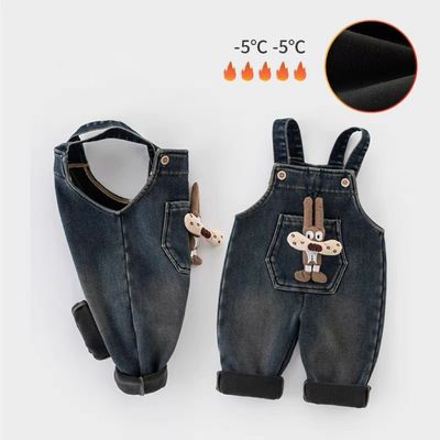 儿童加绒背带裤2一5岁女小童加厚裤子保暖男婴儿冬装宝宝牛仔棉裤